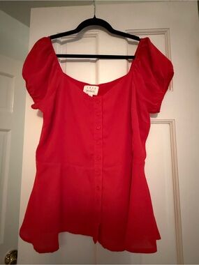 Lost + Wander Red Puff Sleeve Button-Front Blouse